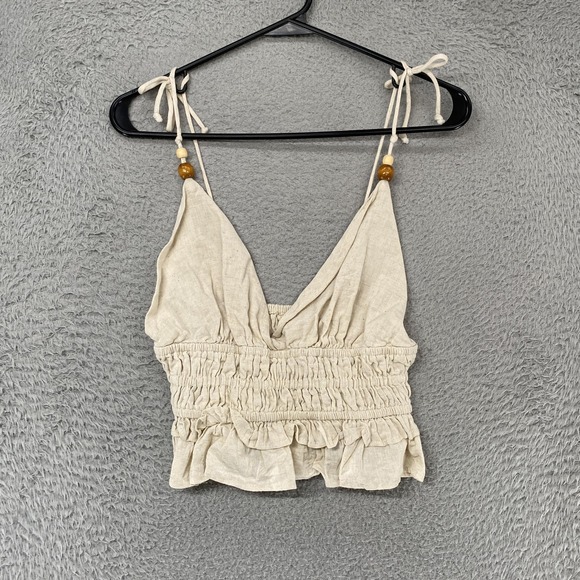Sim & Sam Tops - Sim & Sam Crop Tank Top Womens Small Linen Ruffle Boho Beach Babydoll Coastal